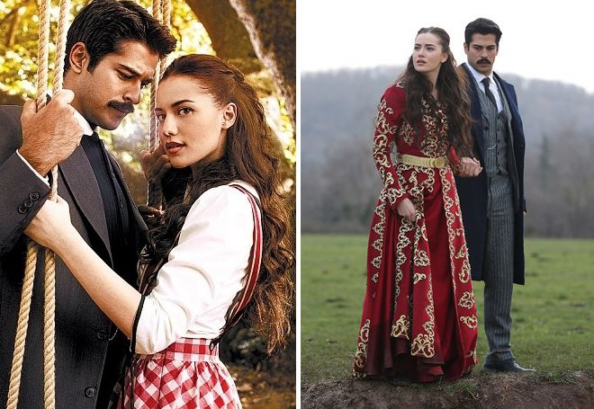 Фото Фахрие Эвджен и Бурак Озчивит. Кадр из сериала "Королёк – птичка певчая"