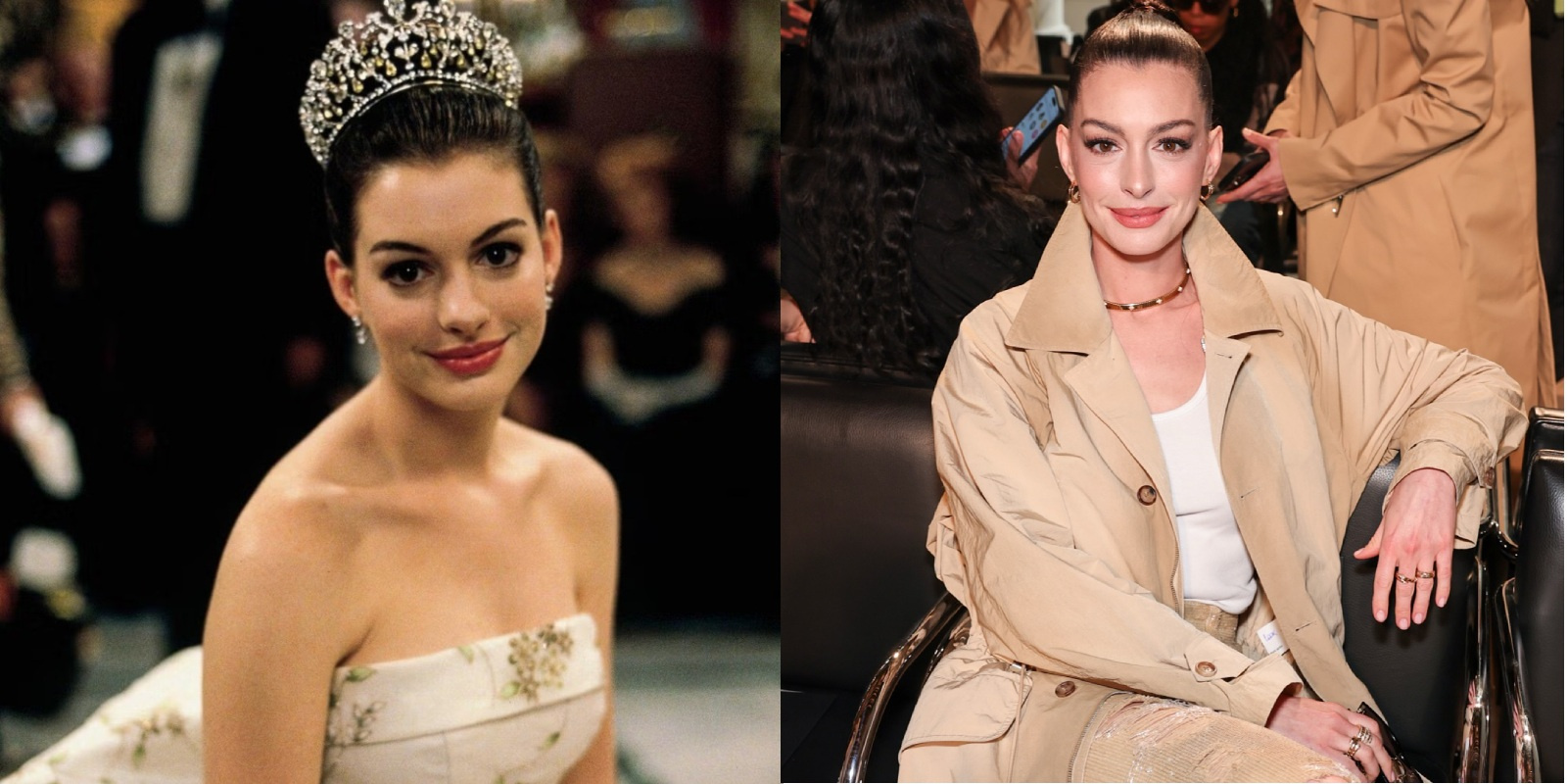 Энн Хэтэуэй в фильме «Как стать принцессой» (2001) и на показе Ralph Lauren в 2025 году