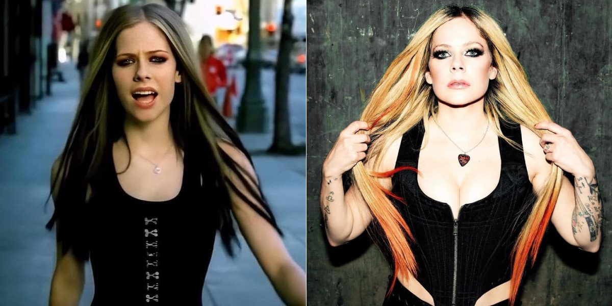 Аврил Лавин в клипе «Don’t Tell Me» (2004) и в 2023 году